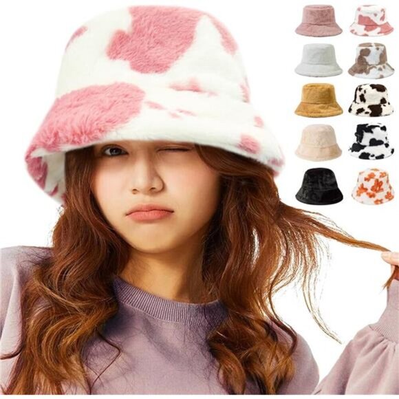 Winter Faux Fur Fuzzy Bucket Hats for Woman Pink Cow Print - Picture 1 of 1